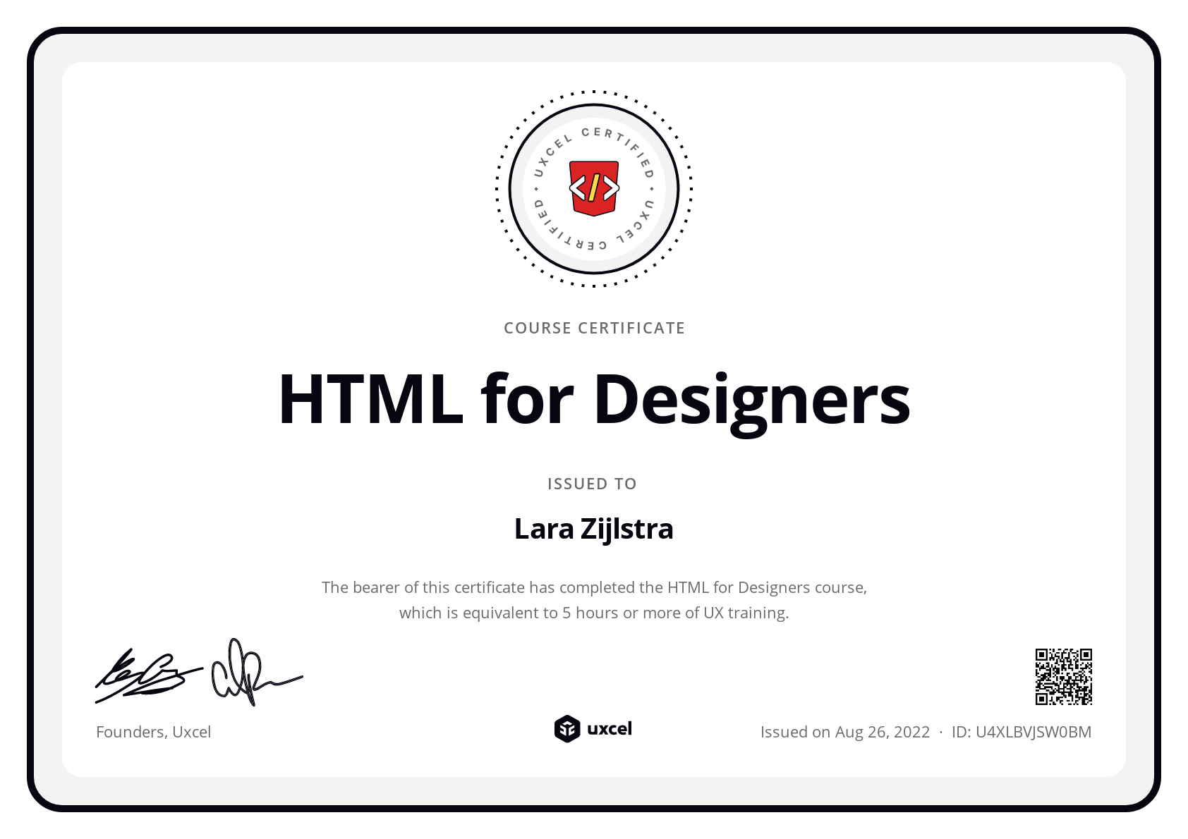 Lara Zijlstra's certificate